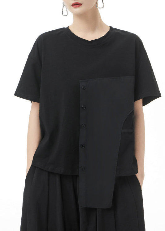 Stylish Black Button O-neck Patchwork Tank Short Sleeve