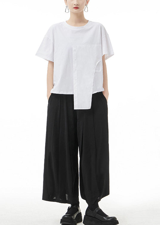 Stylish Black Button O-neck Patchwork Tank Short Sleeve