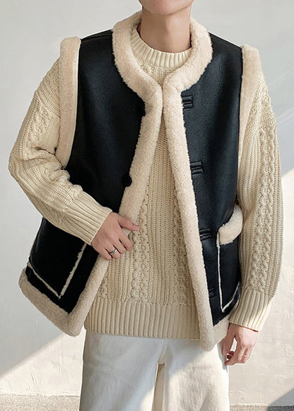 Stylish Black Button Pockets Fleece Wool Lined Waistcoat Sleeveless