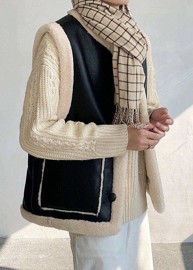 Stylish Black Button Pockets Fleece Wool Lined Waistcoat Sleeveless