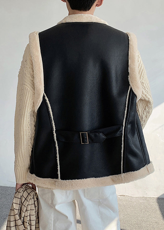 Stylish Black Button Pockets Fleece Wool Lined Waistcoat Sleeveless