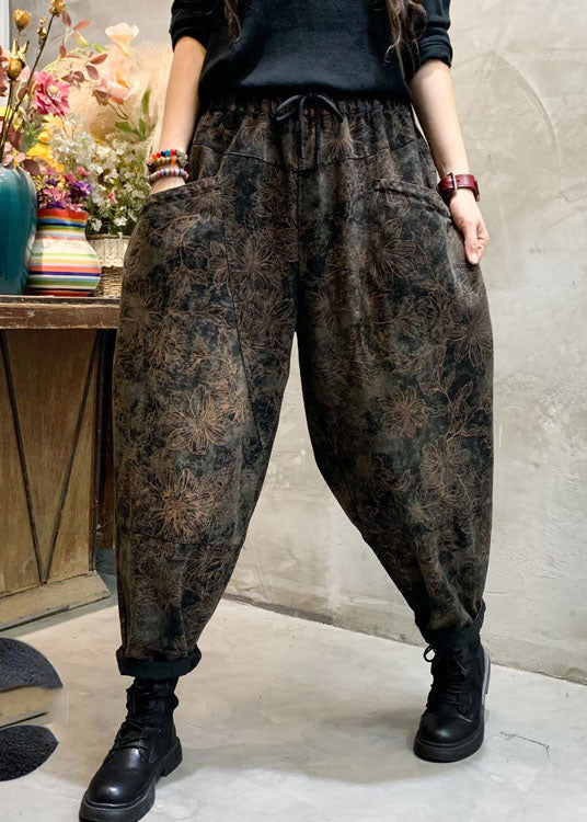 Stylish Black Cinched Print Loose Denim Pants Trousers Winter