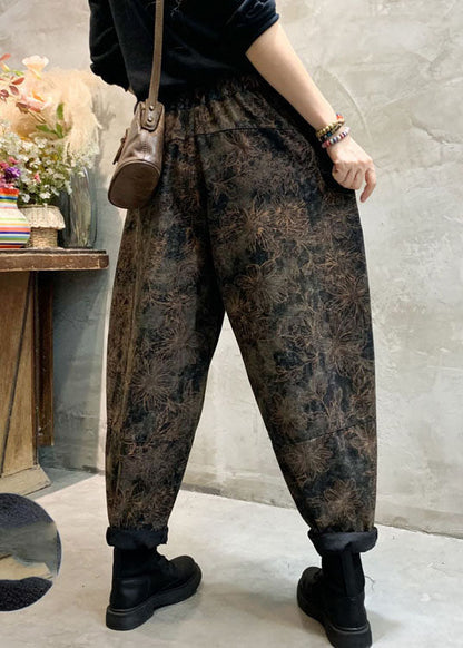 Stylish Black Cinched Print Loose Denim Pants Trousers Winter