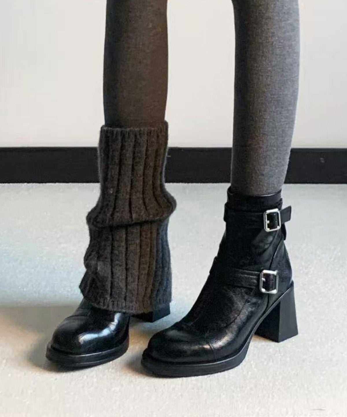 Stylish Black Cowhide Leather Splicing Chunky Heel Boots