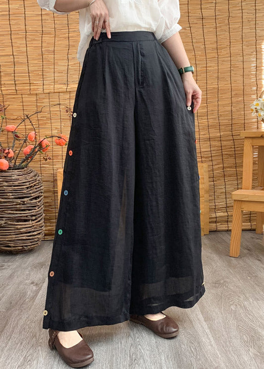 Stylish Black Elastic Waist Button Linen Wide Leg Pants Summer