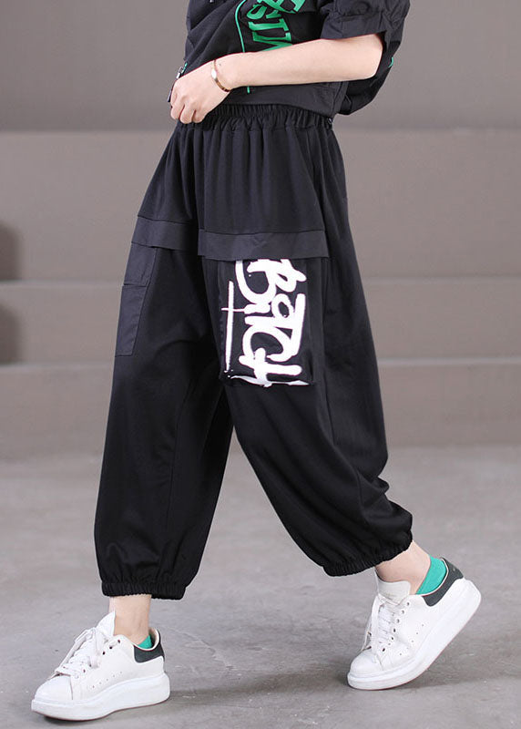 Stylish Black Elastic Waist Pockets Letter Print Cotton Harem Pants Summer