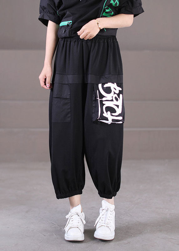 Stylish Black Elastic Waist Pockets Letter Print Cotton Harem Pants Summer