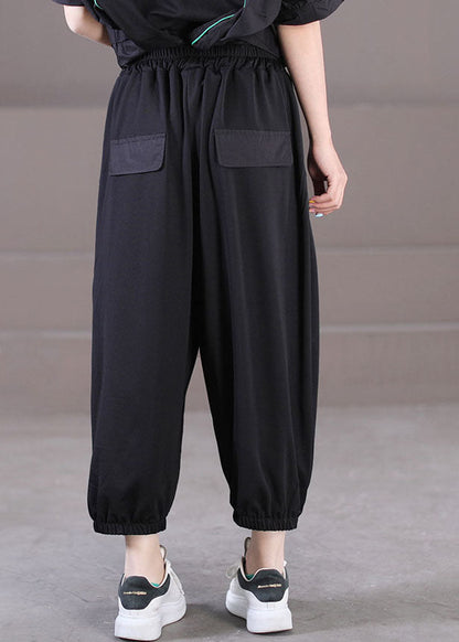Stylish Black Elastic Waist Pockets Letter Print Cotton Harem Pants Summer
