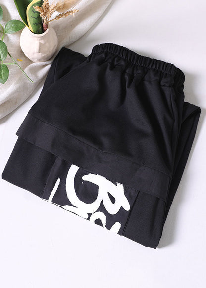 Stylish Black Elastic Waist Pockets Letter Print Cotton Harem Pants Summer
