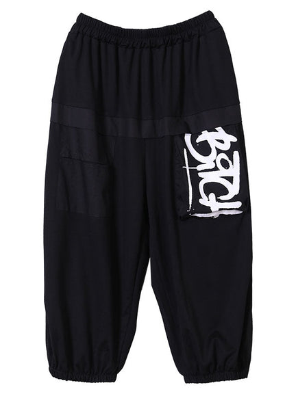 Stylish Black Elastic Waist Pockets Letter Print Cotton Harem Pants Summer