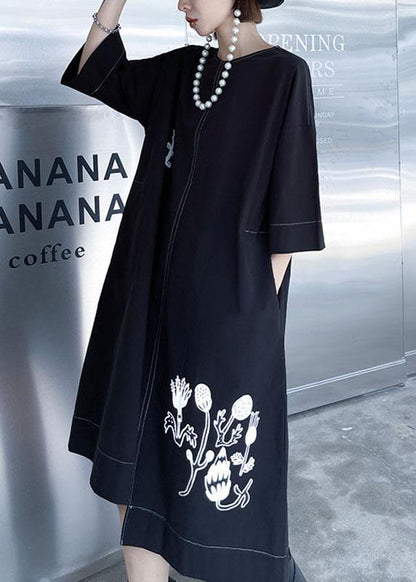 Stylish Black Embroideried Button Asymmetrical Design Fall Long Sleeve Dresses