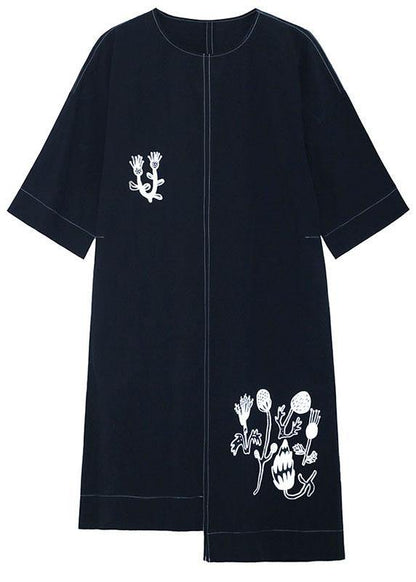Stylish Black Embroideried Button Asymmetrical Design Fall Long Sleeve Dresses