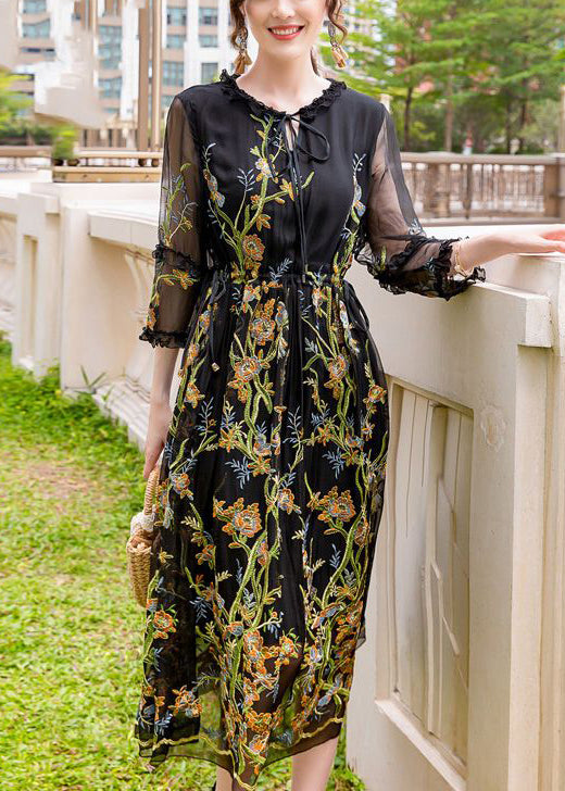 Stylish Black Print Hollow Out Silk Maxi Dresses Summer
