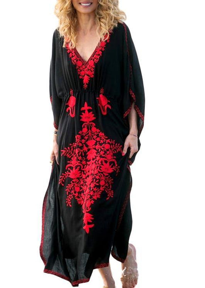 Stylish Black Embroideried Long Sleeve Kimono Robe Maxi Summer
