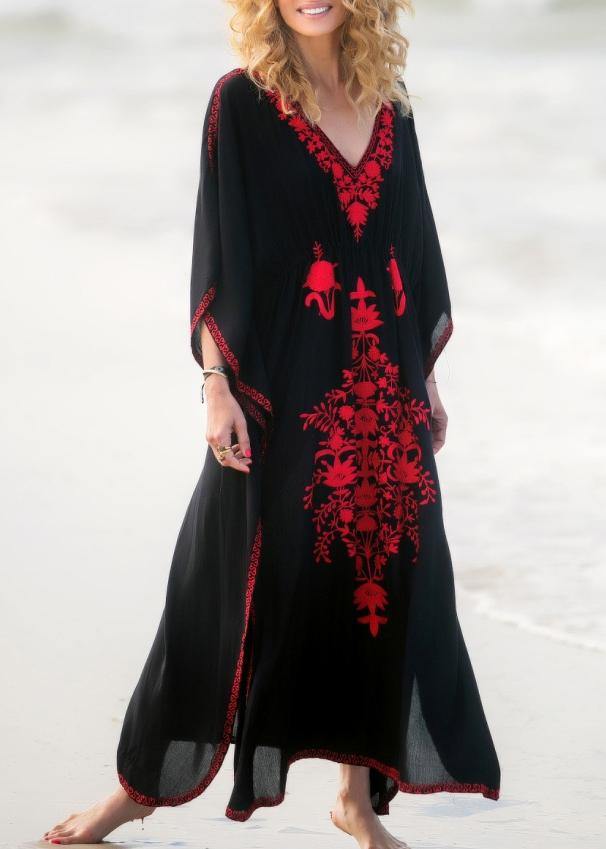 Stylish Black Embroideried Long Sleeve Kimono Robe Maxi Summer