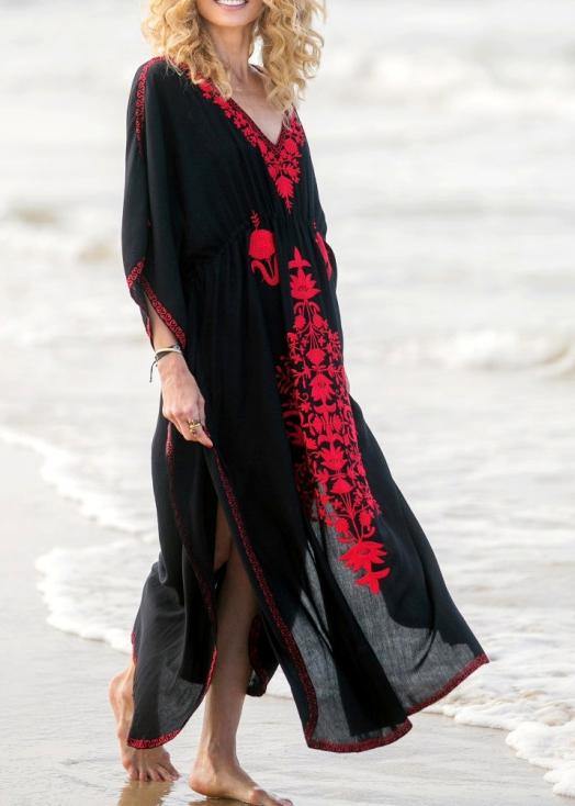 Stylish Black Embroideried Long Sleeve Kimono Robe Maxi Summer