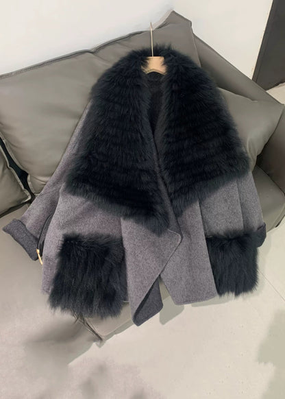 Stylish Black Fur Collar Patchwork Leather and Fur Coats Spring