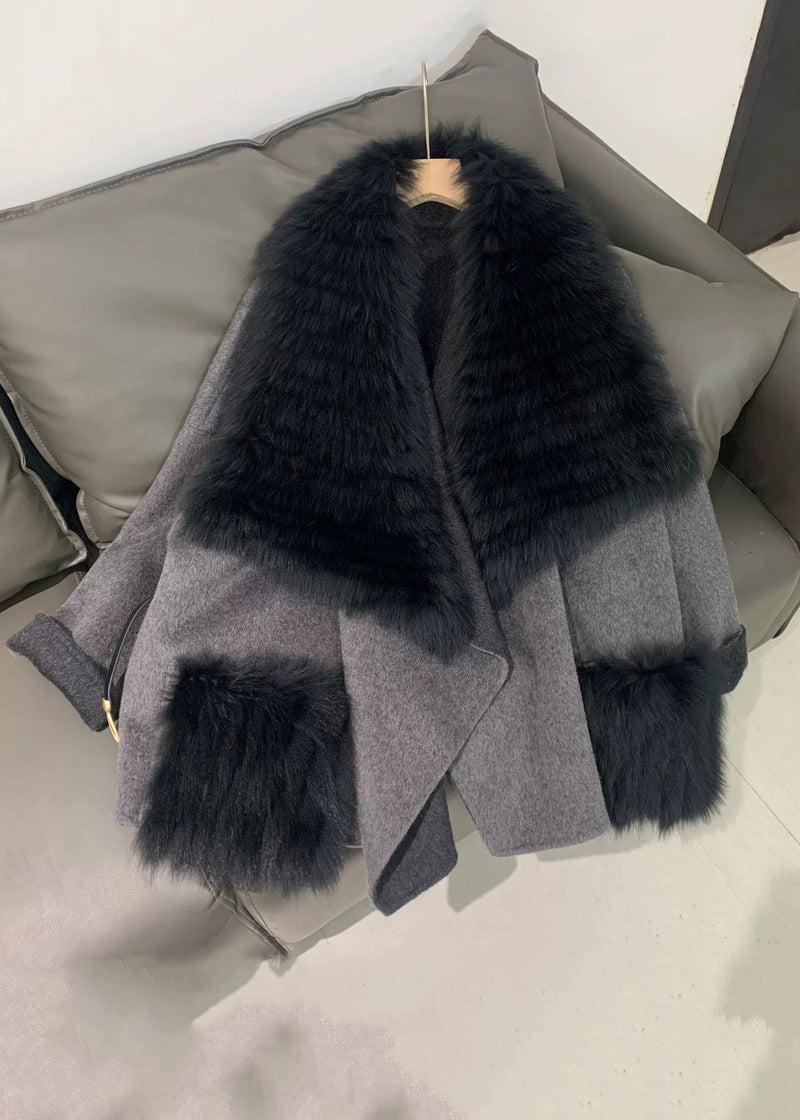 Stylish Black Fur Collar Patchwork Leather and Fur Coats Spring