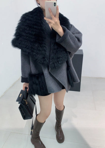 Stylish Black Fur Collar Patchwork Leather and Fur Coats Spring