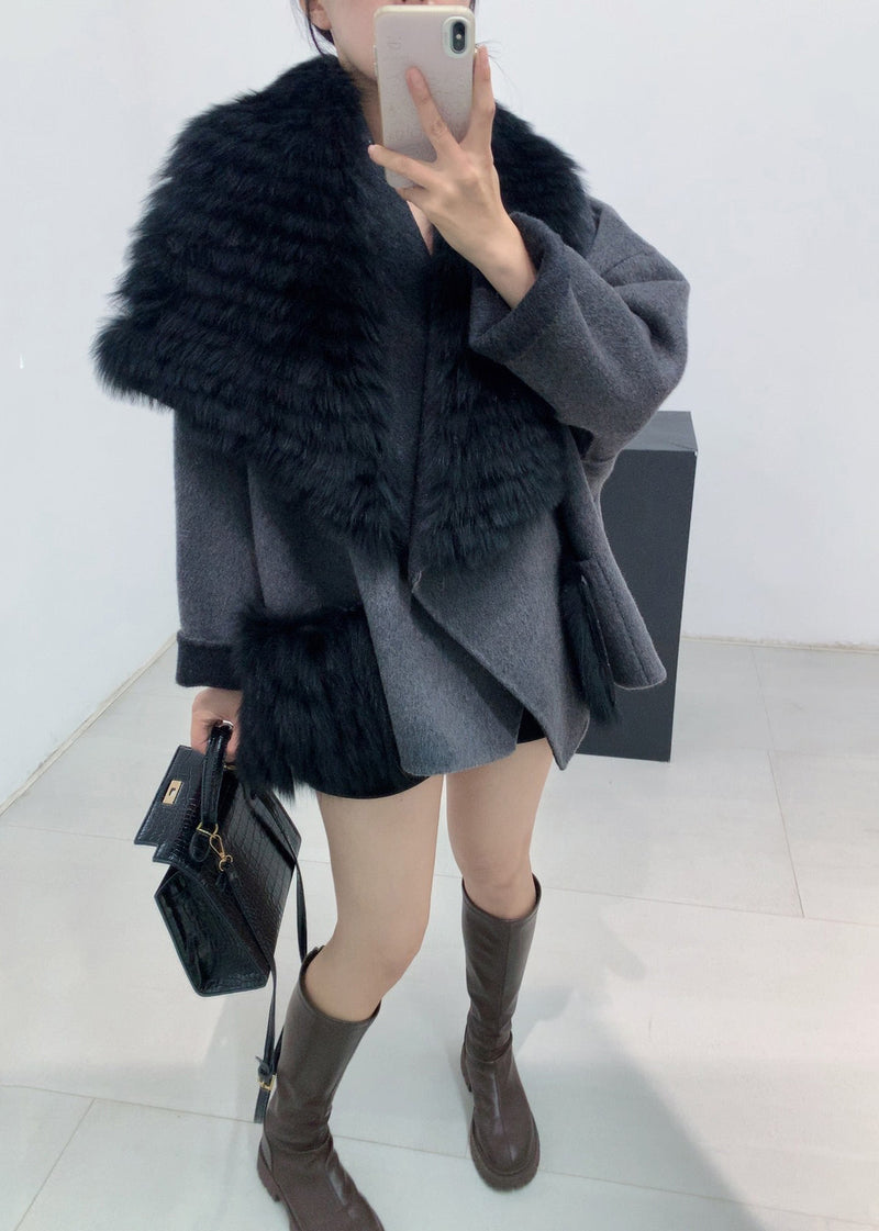 Stylish Black Fur Collar Patchwork Leather and Fur Coats Spring