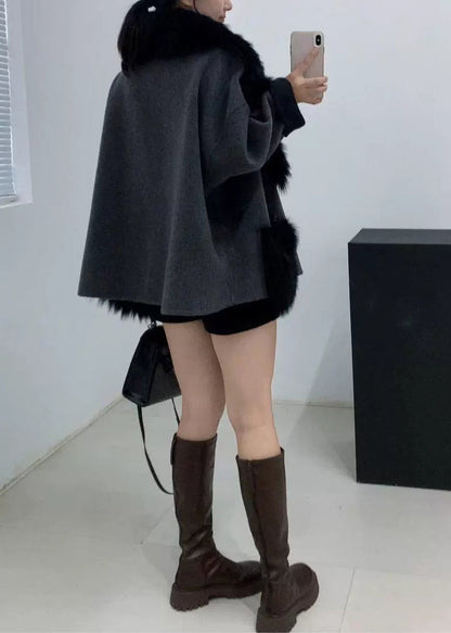 Stylish Black Fur Collar Patchwork Leather and Fur Coats Spring