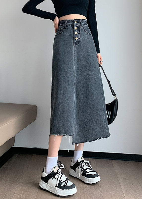 Stylish Black Grey High Waist Side Open Asymmetrical Cotton a Line Skirts Summer