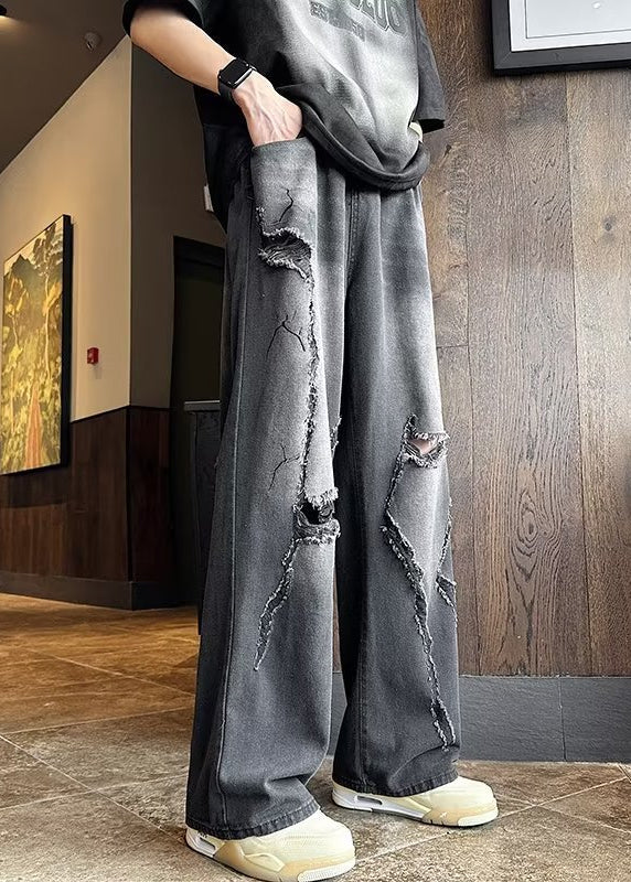 Stylish Black Grey Pockets Ripped Denim Pants Clothing Fall