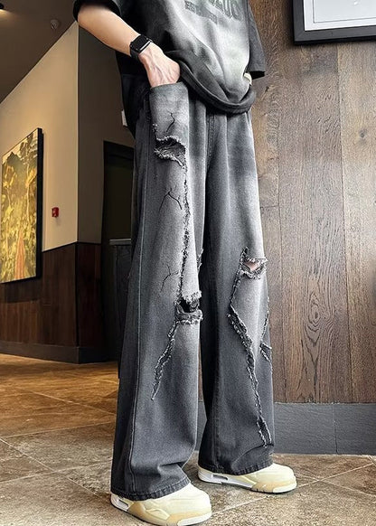 Stylish Black Grey Pockets Ripped Denim Pants Clothing Fall