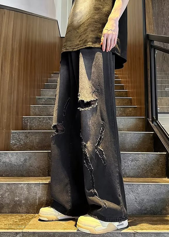 Stylish Black Grey Pockets Ripped Denim Pants Clothing Fall