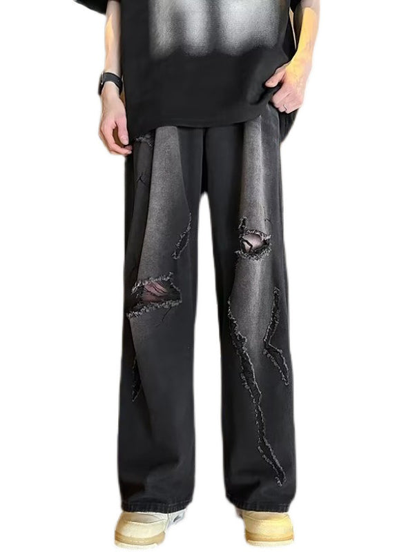Stylish Black Grey Pockets Ripped Denim Pants Clothing Fall