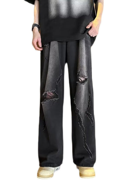 Stylish Black Grey Pockets Ripped Denim Pants Clothing Fall