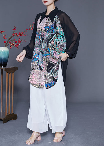 Stylish Black Hollow Out Patchwork Print Chiffon Blouse Tops Summer
