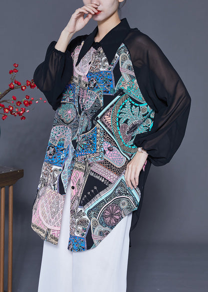 Stylish Black Hollow Out Patchwork Print Chiffon Blouse Tops Summer