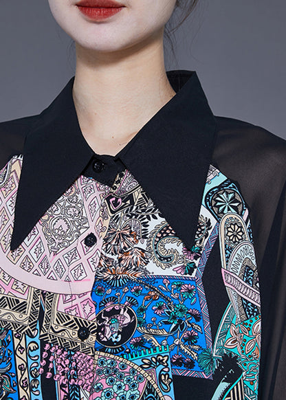 Stylish Black Hollow Out Patchwork Print Chiffon Blouse Tops Summer