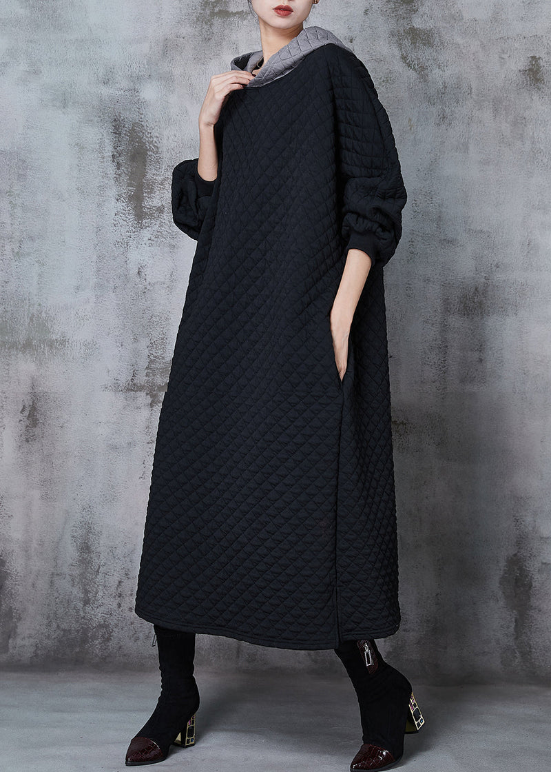 Stylish Black Hooded Patchwork Thick Cotton Holiday Dress Spring