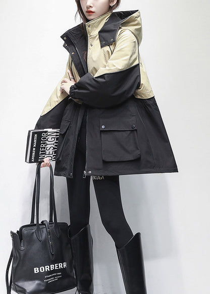 Stylish Black Hooded Pockets Warm Fleece Parka Winter