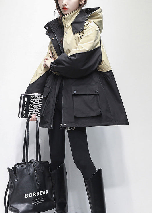 Stylish Black Hooded Pockets Warm Fleece Parka Winter