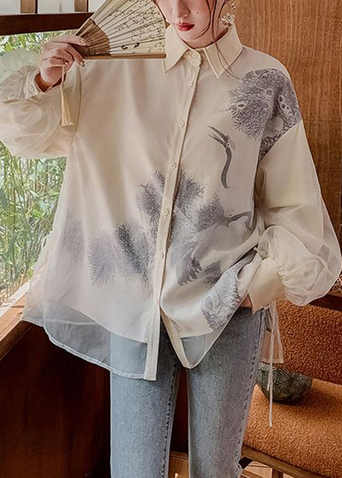 Stylish Black Layered Patchwork Red-crowned Crane Print Tulle Shirts Fall