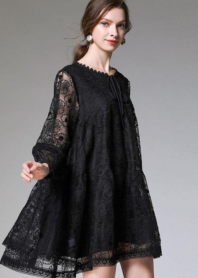 Stylish Black Loose Embroideried Spring Long Sleeve Dress
