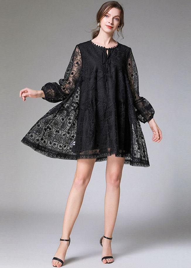 Stylish Black Loose Embroideried Spring Long Sleeve Dress