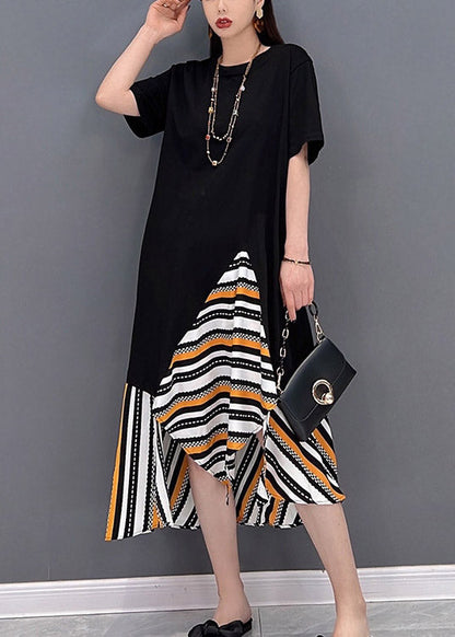 Stylish Black O-neck Asymmetrical Chiffon Patchwork Long Dress Short Sleeve