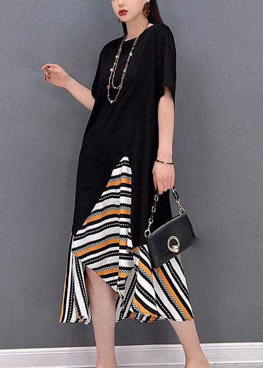 Stylish Black O-neck Asymmetrical Chiffon Patchwork Long Dress Short Sleeve