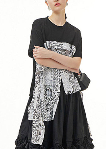 Stylish Black O-neck Asymmetrical Print Tops Summer