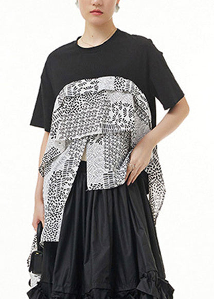 Stylish Black O-neck Asymmetrical Print Tops Summer