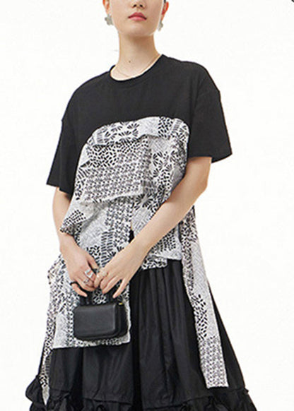 Stylish Black O-neck Asymmetrical Print Tops Summer