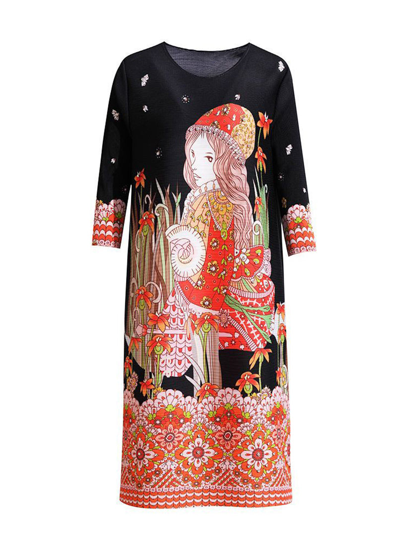 Stylish Black O-neck Character Print Wrinkled Mid Dress Bracelet Sleeve