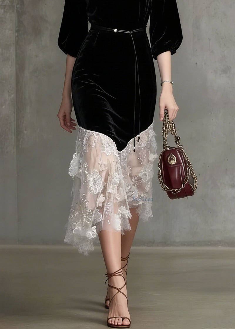 Stylish Black O Neck Embroidered Patchwork Velvet Dress Spring