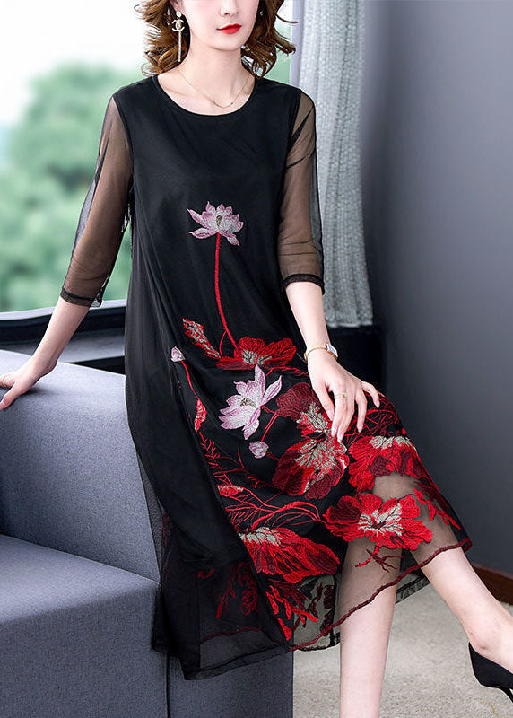 Stylish Black O-neck Embroideried Tulle a Line Dress Bracelet Sleeve