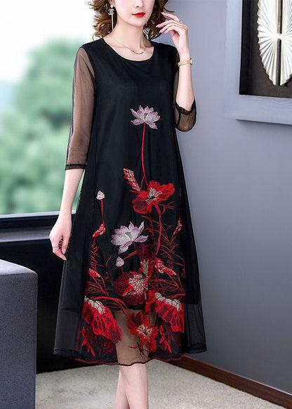 Stylish Black O-neck Embroideried Tulle a Line Dress Bracelet Sleeve