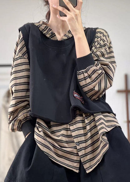 Stylish Black O-neck Oversized Applique Cotton Vest Tops Spring